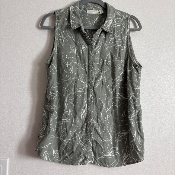 Ecothreads Women’s Button Up Blouse Sleeveless Linen Top size Large green floral - Picture 5 of 10